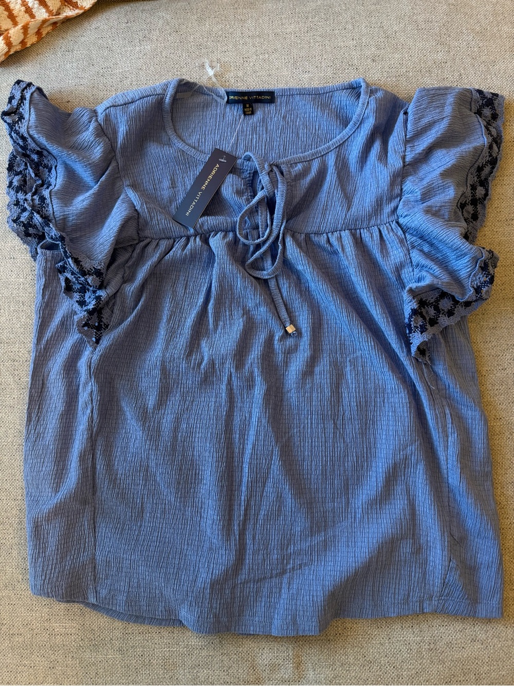 Adrienne Vittadini Blue Peasant Blouse with Lace-Trim Sleeves